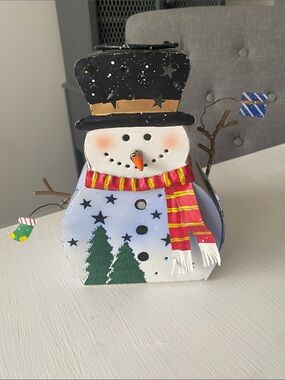 Hand-Painted Metal Snowman Holiday Lantern with Red Scarf Candle Holder